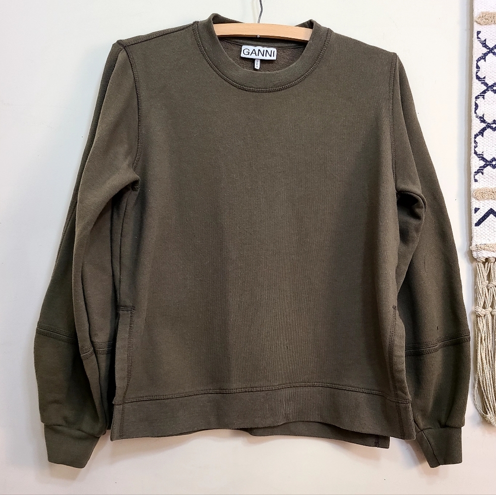 Ganni Software Isoli Puff Sleeve Sweatshirt In Kalmata Green Size Small - Picture 3 of 8
